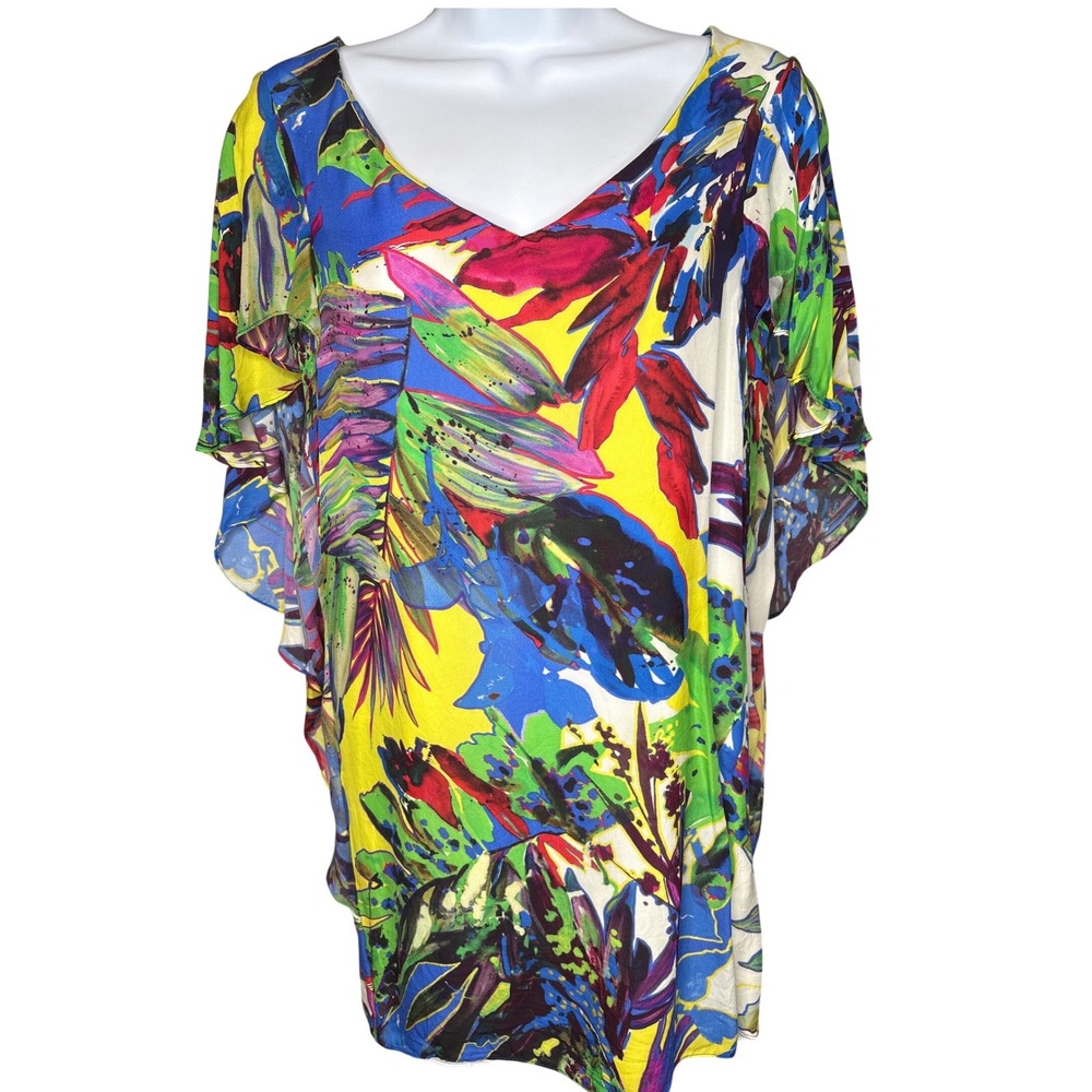 Milly Womens Multicolor Silk Tropical Floral‎ Butterfly Sleeve Top 0 Resortwear